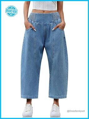 Wide Leg Cropped Harem Jeans with Smocked Waist and Pockets
